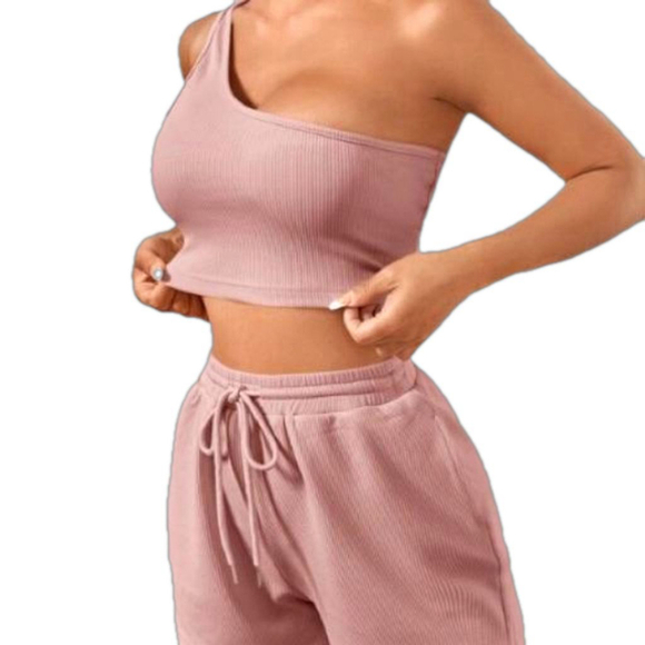 Pink One Shoulder Crop Top and Shorts Set - Picture 5 of 10